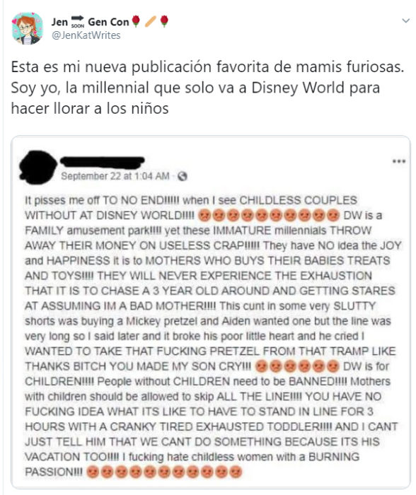 Comentarios en Twitter sobre una mujer que se quejó porque las personas sin hijos asisten a Disney