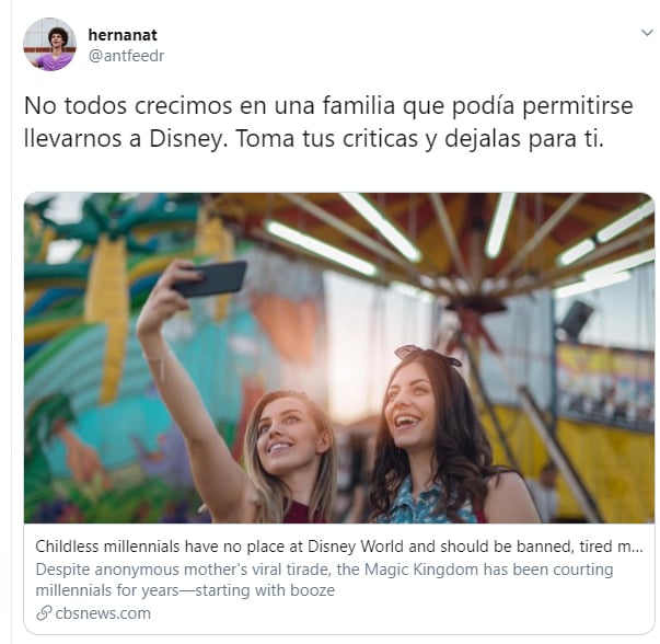 Comentarios en Twitter sobre una mujer que se quejó porque las personas sin hijos asisten a Disney