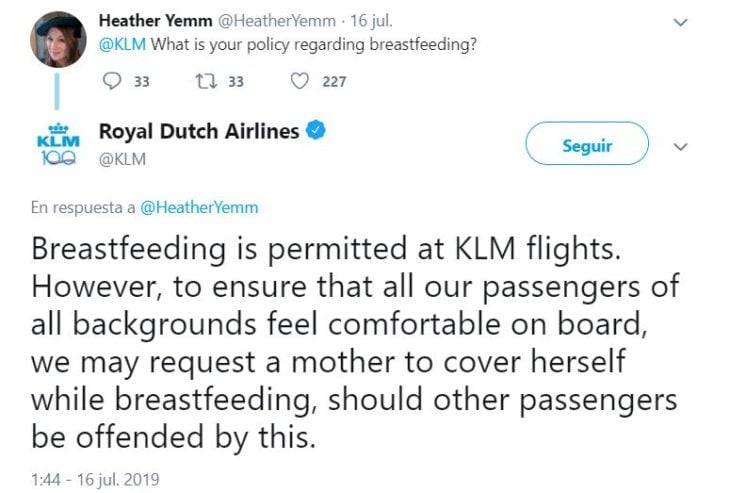 publicación de Twitter en donde cuestionan a KLM sobre su política de lactancia materna y su respuesta