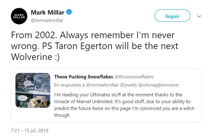 tuit de Mark Miller sobre el próximo Wolverine: Tagon Egerton