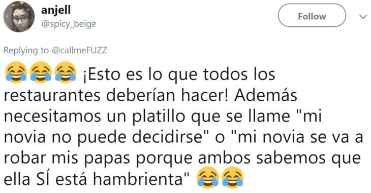 Restaurante ofrece platillo que se llama "mi novia no tiene hambre"