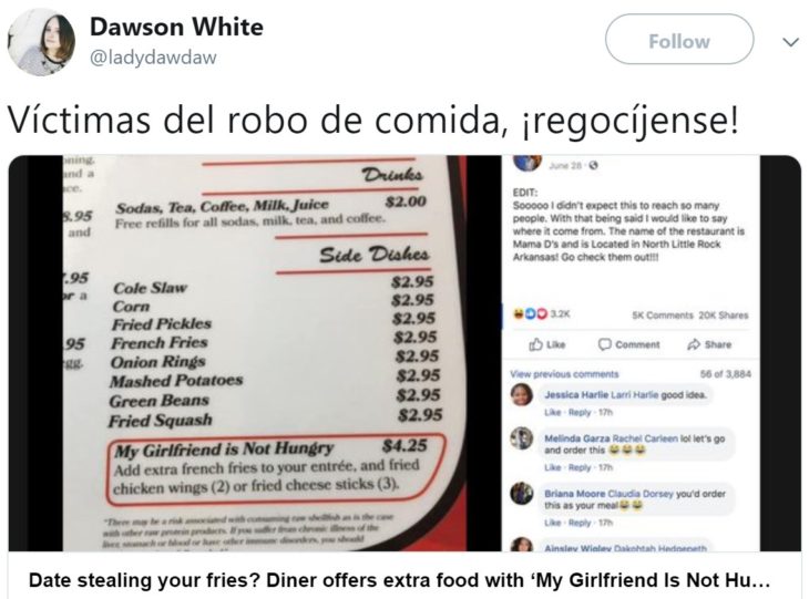 Restaurante ofrece platillo que se llama "mi novia no tiene hambre"