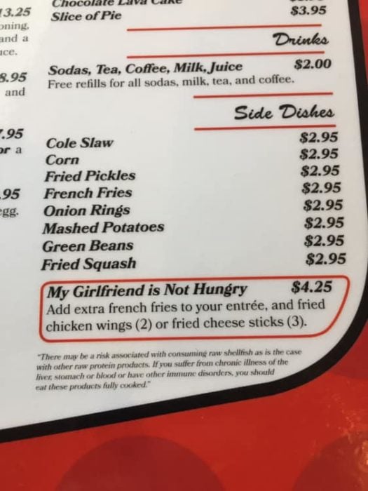 Restaurante ofrece platillo que se llama "mi novia no tiene hambre"