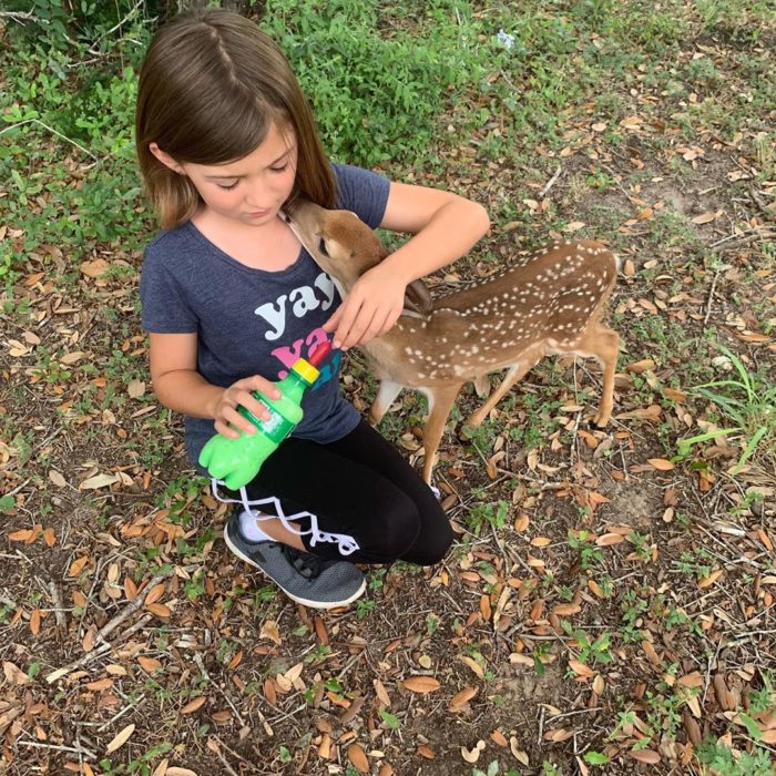 Laurie, la niña que habla con los animales como Eliza Thornberry; pequeña alimentanto con biberón a cervatillo