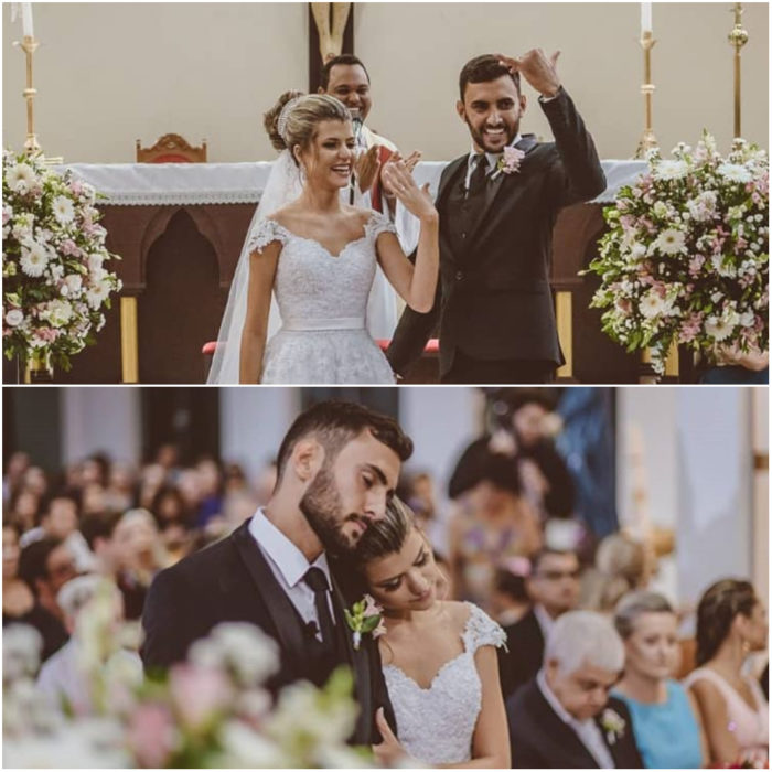 Ana Paula Meriguete y Victor Ribeiro dentro de la iglesia celebrando su boda antes de comer con 160 personas