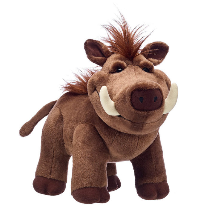 Jabalí llamado Pumba de peluche creada por Build-A-Bear. Colección de peluches de El Rey León 