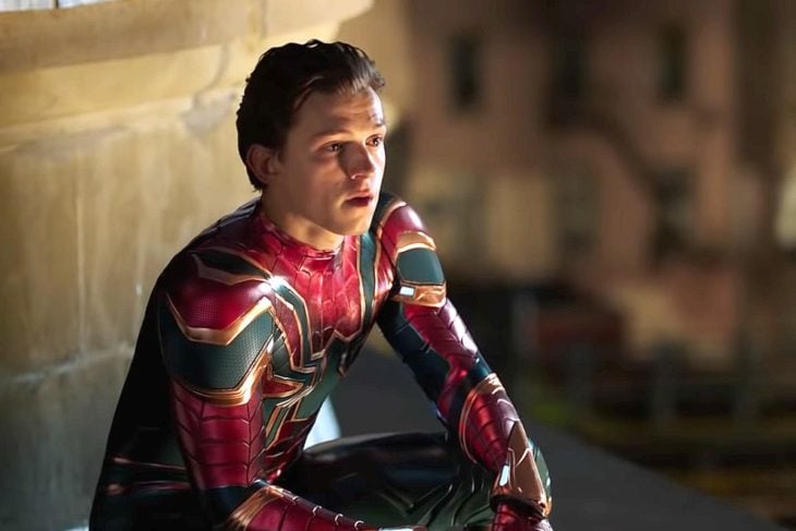 Tom Holland wearing the Spider-Man costume in the movie Spider-Man: Far from Home