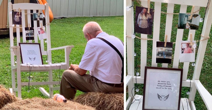 Abuelo come solo junto al memorial de su esposa fallecida, en la boda de su nieta