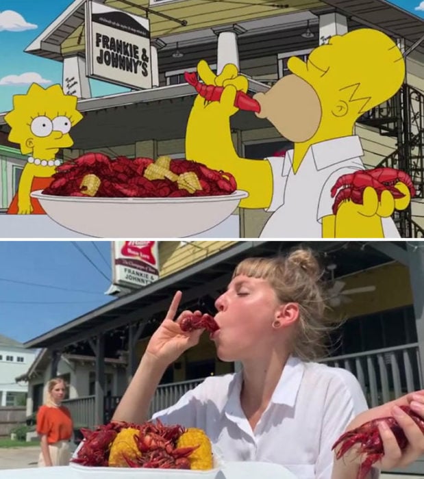Chica comiendo langosta y camarones mientras recrea la escena de Los Simpsons 
