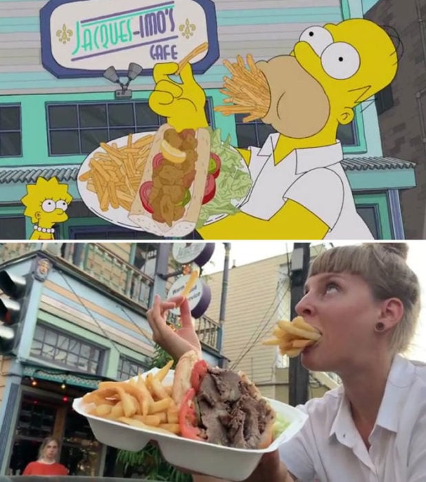 Chica comiendo carne, papas fritas y recreando una escena de los Simpsons 