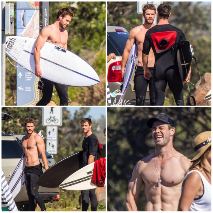 Liam y Chris Hemsworth usando trajes para surfear en Australia