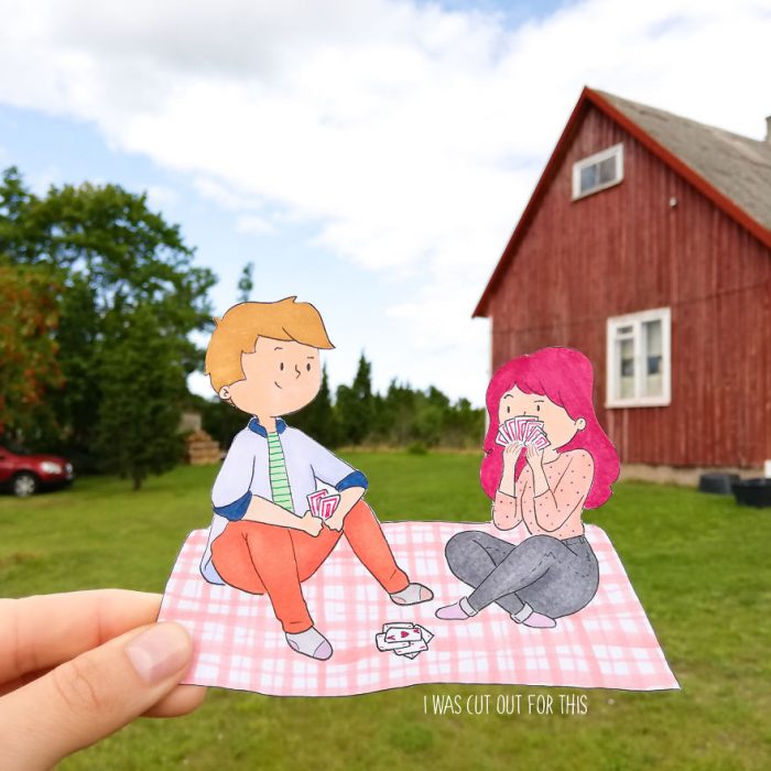 Ilustraciones de Ana Stretcu durante sus vacaciones, junto a su novio en un picnic