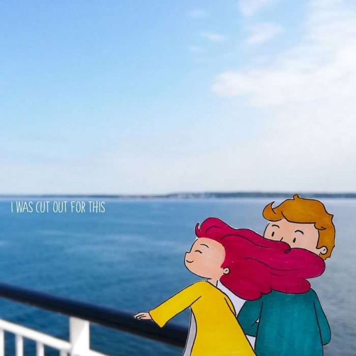 Ilustraciones de Ana Stretcu durante sus vacaciones, junto a su novio en la orilla del mar