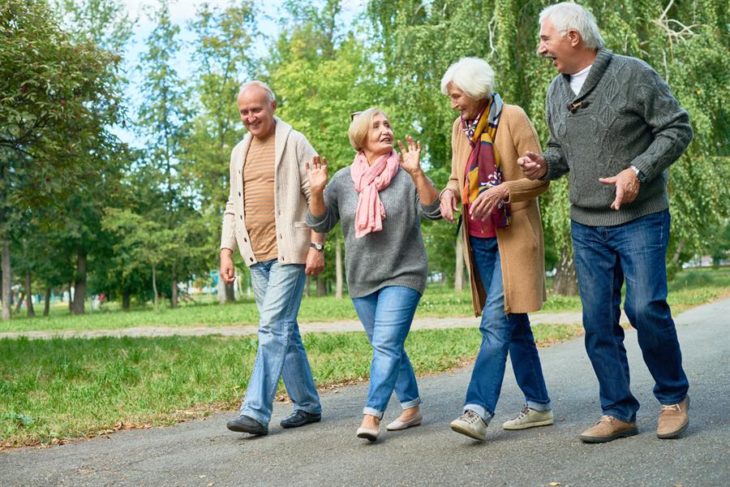 cuatro adultos mayores, dos mujeres y dos hombres caminando por un parque y hablando