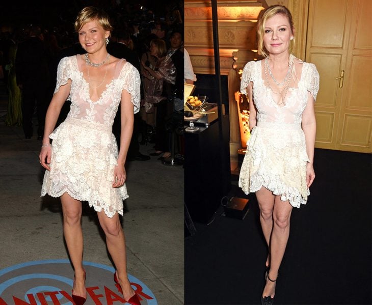 Kirsten Dunst usando un vestido blanco en dos eventos diferentes