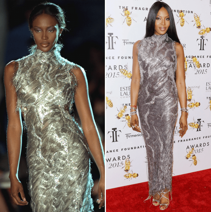 Naomi Cmpbell usando un vestido gris de Versace en dos eventos diferentes