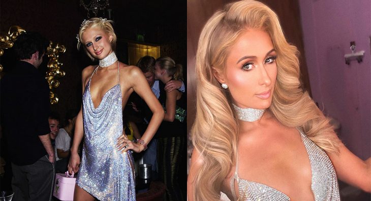 Paris Hilton usando un vestido de brillantes en dos ocasiones diferentes 