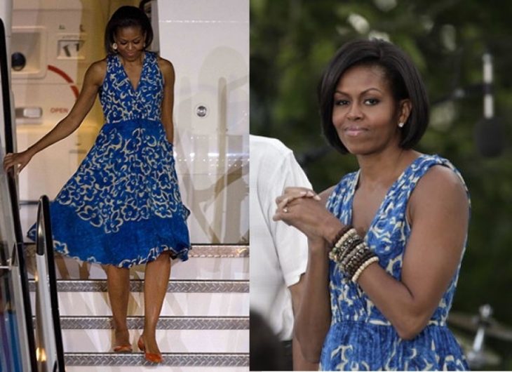 Michelle Obama bajando de un avión con un vestido de color azul y nuevamente en un evento de la casa blanca 