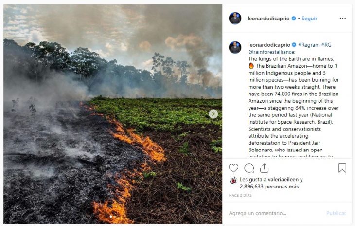 foto de la publicación de Leonardo DiCaprio en Istagram sobre el incendio en el Amazonas