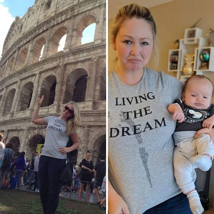 Mujer comparando sus fotos antes y después de tener hijos 