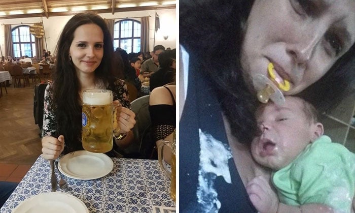Mujer antes y después de tener un bebé en brazos