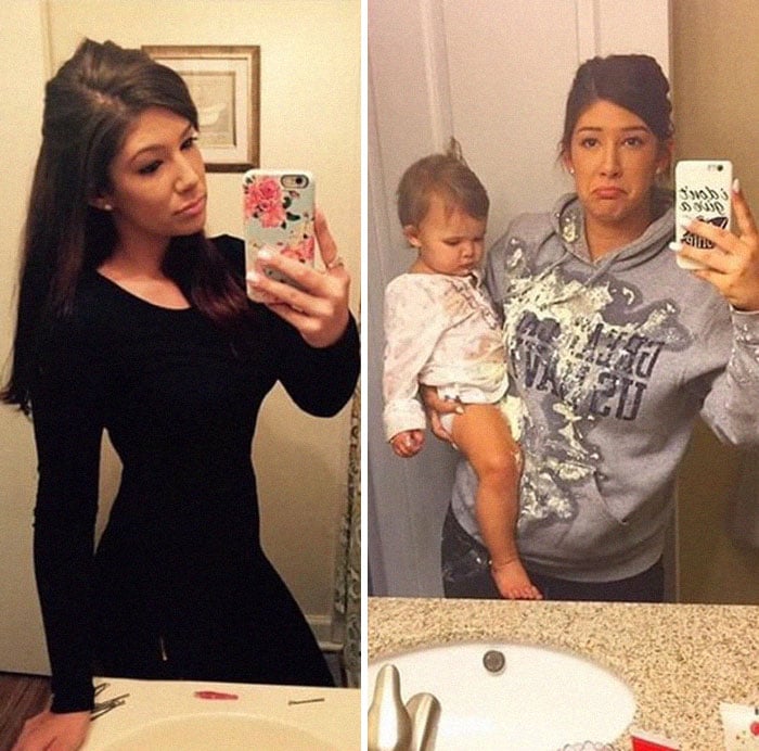 Chica comparando sus selfies antes y después de tener un bebé