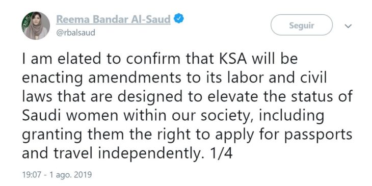 tuit de la embajadora saudita en Estados Unidos, Reema bint Bandar Al Saud