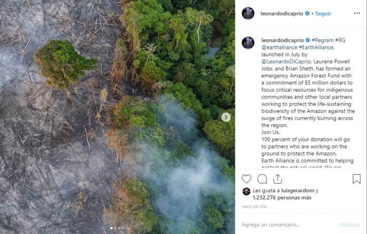 publicación de Leonardo DiCaprio en Instagram en donde da a conocer la donación de cinco millones de dólares para la selva amazónica