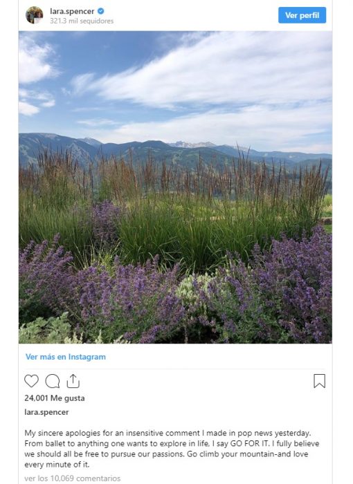 Publicación en Instagram de Lara Spencer pidiendo disculpas