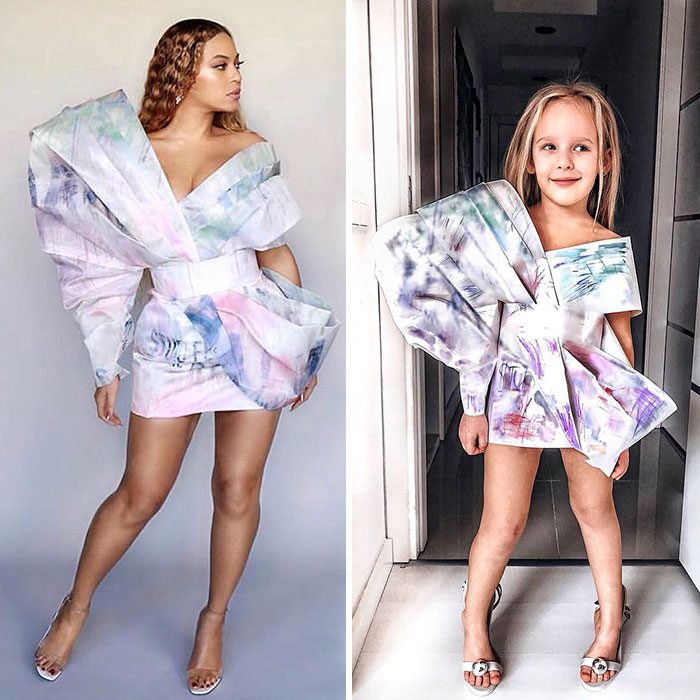 Beyoncé junto a Alya Chaglar llevando un vestido similar creado por Stefani Chaglar