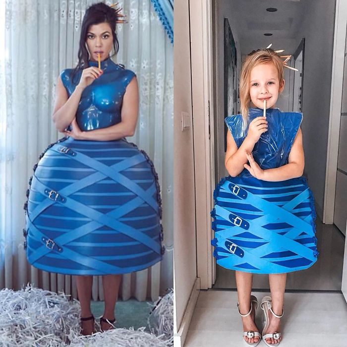 Kourtney Kardashian junto a Alya Chaglar llevando un vestido similar creado por Stefani Chaglar