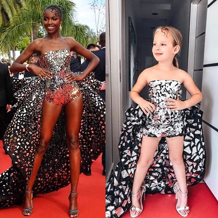 Leomie Anderson junto a Alya Chaglar llevando un vestido similar creado por Stefani Chaglar