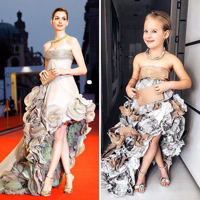 Anne Hathaway junto a Alya Chaglar llevando un vestido similar creado por Stefani Chaglar