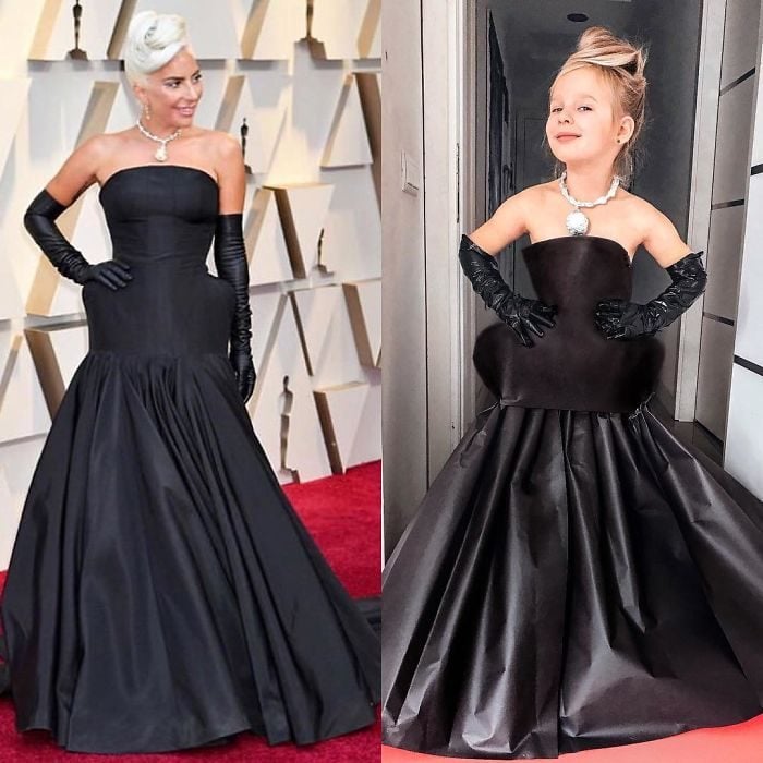Lady Gaga junto a Alya Chaglar llevando un vestido similar creado por Stefani Chaglar