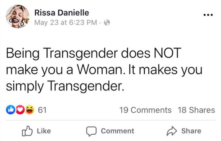 Comentario en twitter de Carissa Pinkston sobre transfobia 