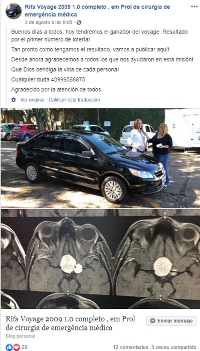 Publicación de Facebook que anunciaba la rifa del vehículo para pagar la cirugía de Margarete Mormul