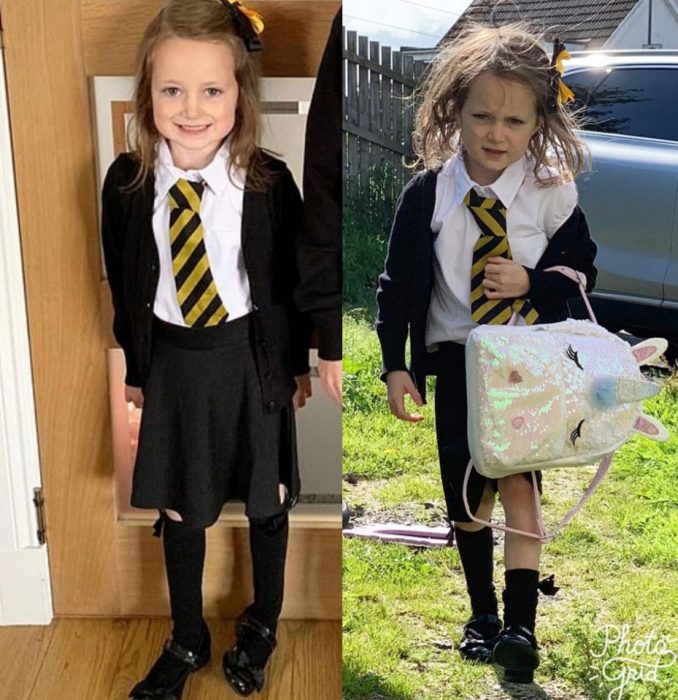 Lucie, niña antes y después de su primer día de clases