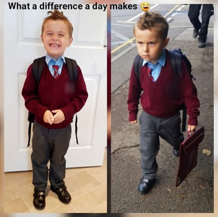 Niños antes y después de su primer día de clases