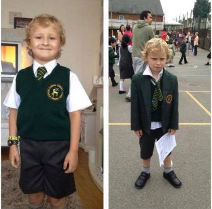 Niños antes y después de su primer día de clases