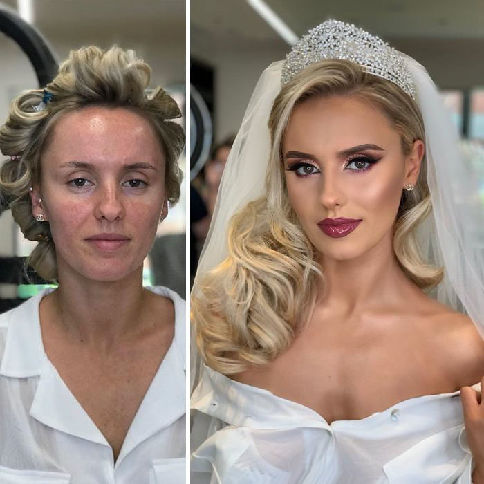 Novia antes y después de ser maquillada para su boda por Arber Bytgi