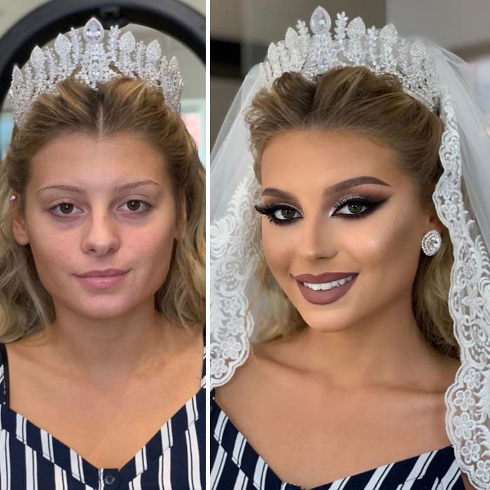 Chica con blusa a rayas antes y después de ser maquillada para su boda