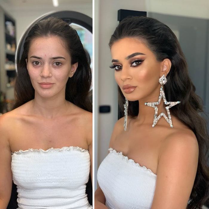 Chica llevando vestido estraple antes y después de ser maquillada para su boda