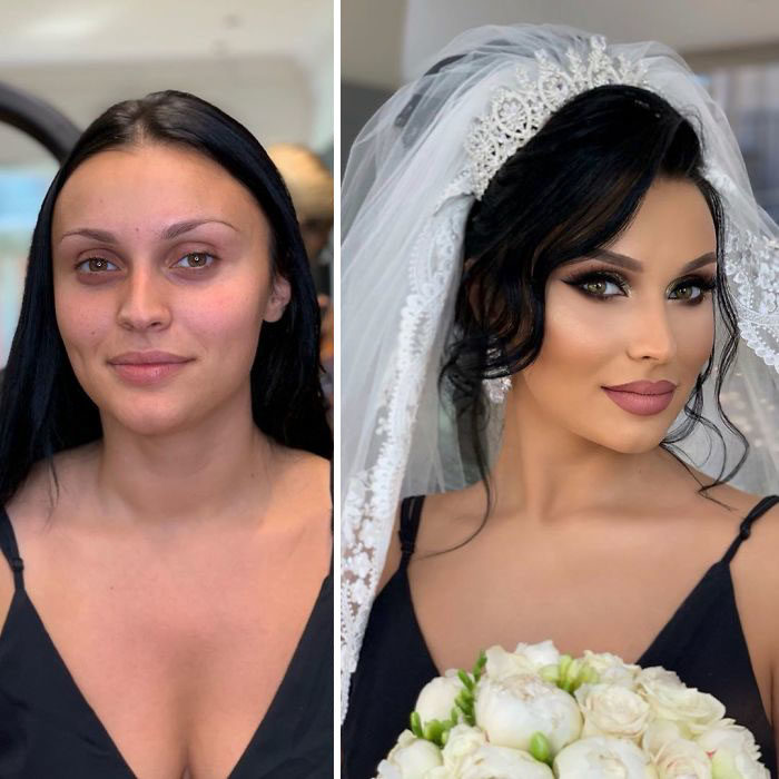 Chica usando blusa de tirantes en negro antes y después de ser maquillada para su boda