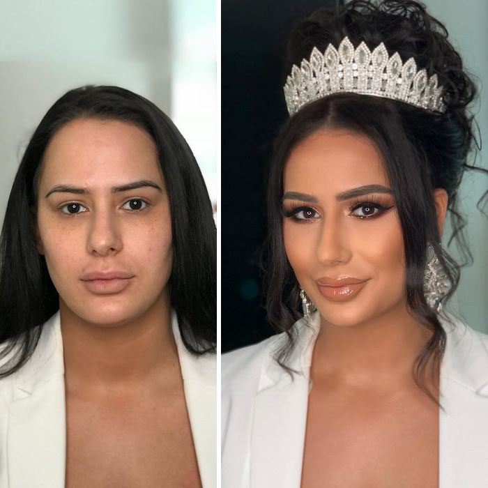 Mujer con bata blanca antes y después de ser maquillada para su boda