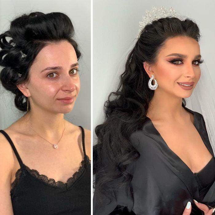 Chica con pijama negra antes y después de ser maquillada para su boda