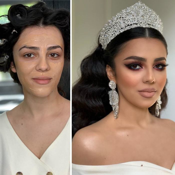 Chica usando una corona plateada antes y después de ser maquillada para su boda