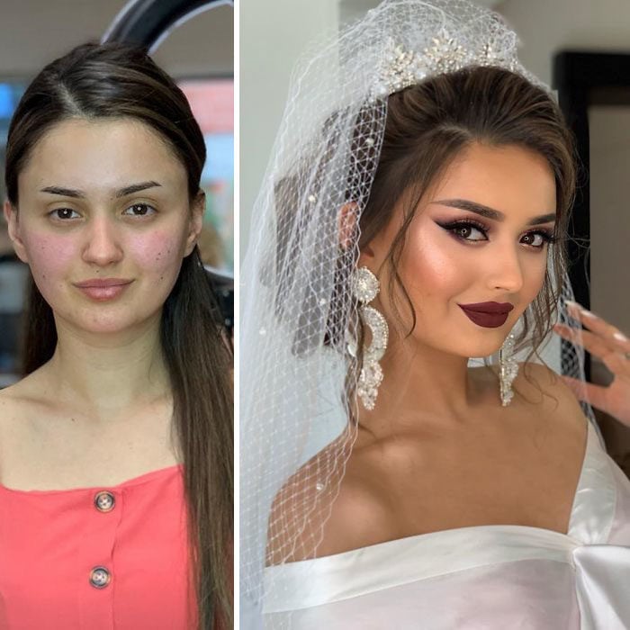 Chica con vestido rosa palo antes y después de ser maquillada para su boda