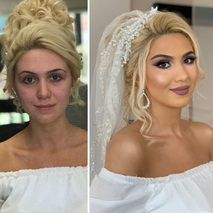 Chica con vestido descubierto en hombros antes y después de ser maquillada para su boda