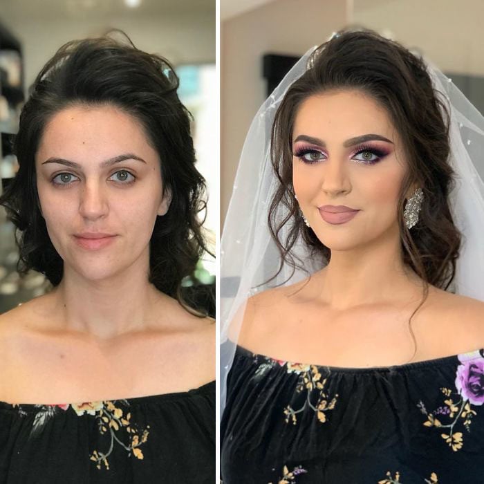 Chica en vestido negro a flores antes y después de ser maquillada para su boda