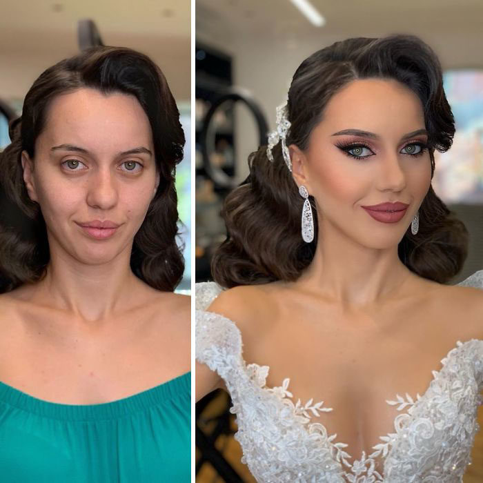 Novia antes y después de ser maquillada para su boda por Arber Bytgi